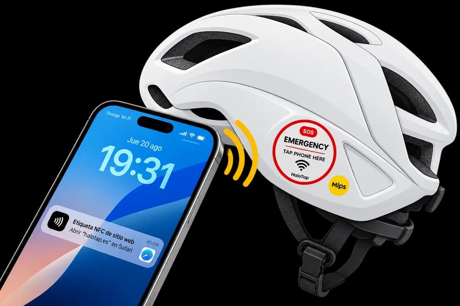 Un móvil lee la pegatina HaloTap del casco