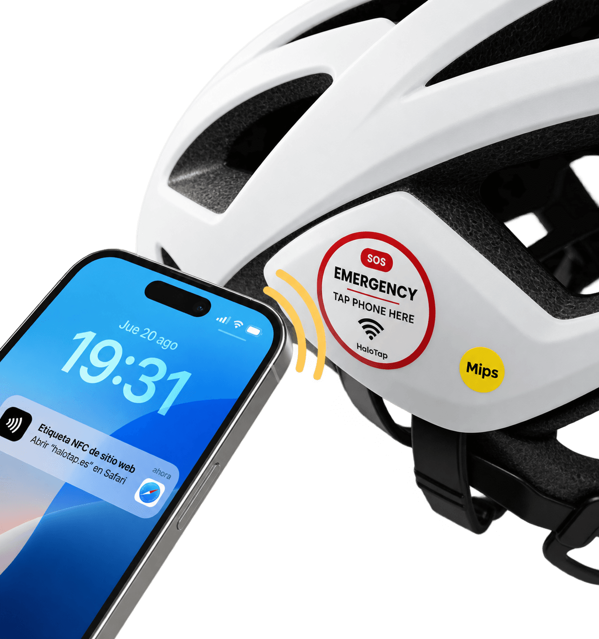Móvil acercándose a una pegatina HaloTap colocada en un casco de ciclismo